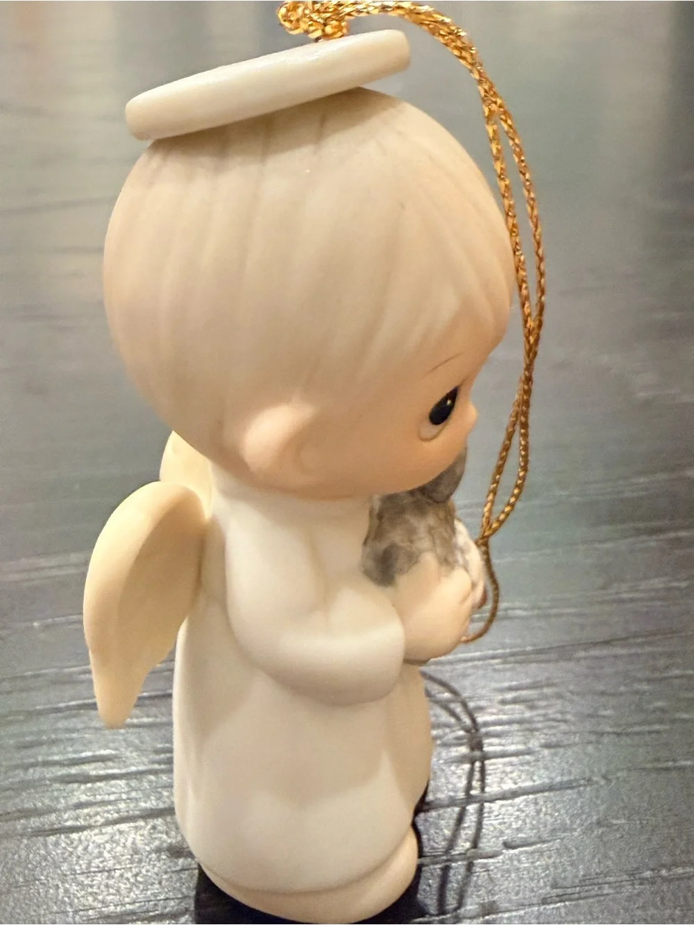 Vintage Precious Moments Angel Ornament in Cream and Gray with Gold Cord (1986)